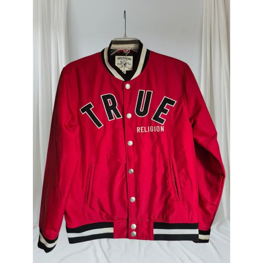 True Religion Varsity Jacket Mens XL Red Vintage 2002 Graphic Logo Streetwear